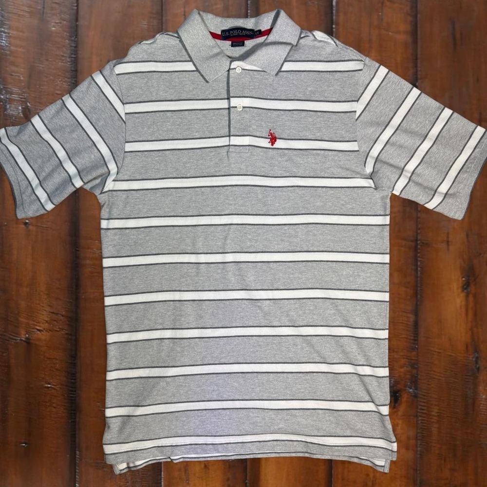 U.S. Polo Assn. Men's Striped Rugby Polo Shirt Gray White Red Pony Logo